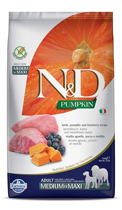 Farmina N&D Pumpkin Adult Medium/Maxi Dog Food | Lamb, Blueberry & Pumpkin | Rich in Anti-oxidants|Complete Food for Adult Dogs | 2.5kg | No Artificial Preservatives